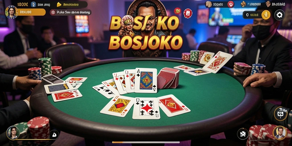 Tangkapan layar gameplay BOSJOKO menunjukkan suasana permainan poker yang seru.