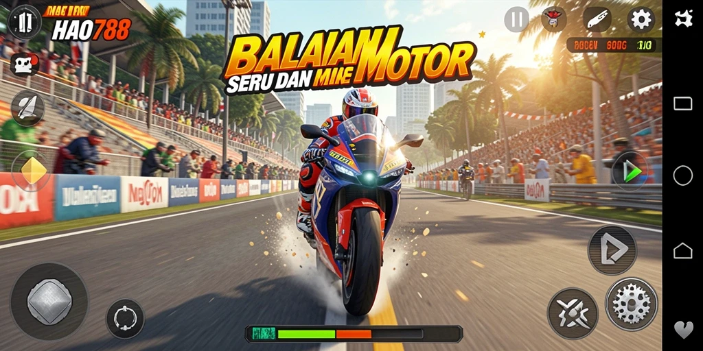 Screenshot HAO788 menampilkan balapan motor yang intens dan mendebarkan.