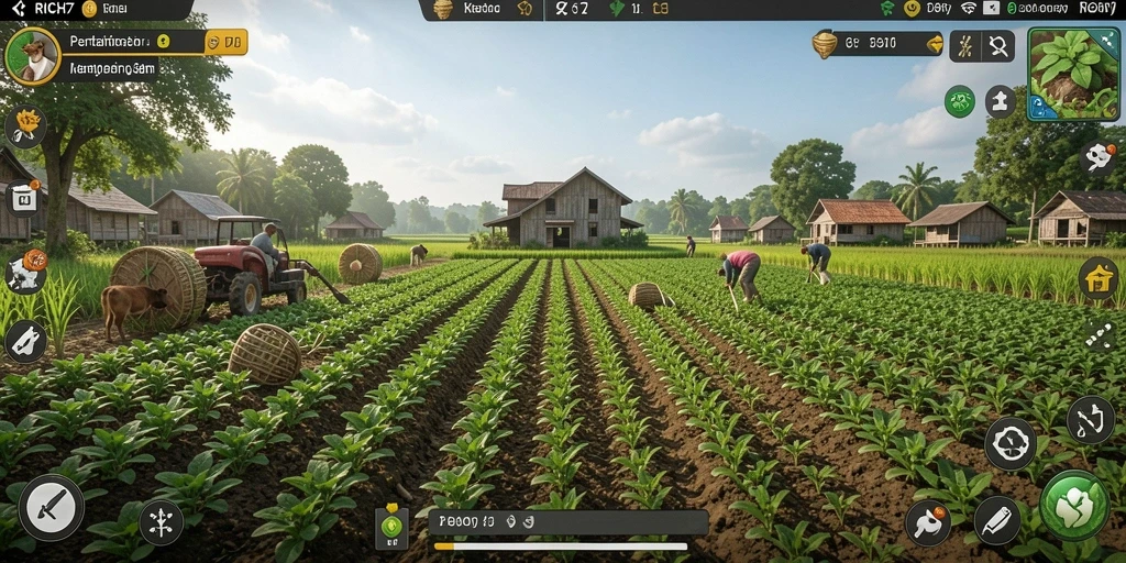 Gameplay RICH7 menampilkan aktivitas pertanian yang menarik dan penuh warna.