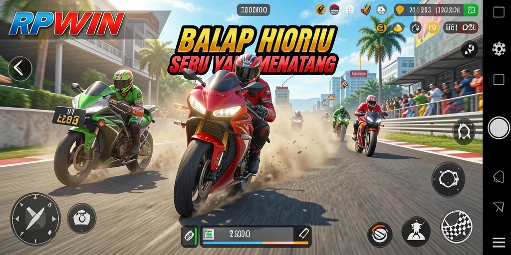 Tangkapan layar gameplay RPWIN yang menunjukkan aksi balap motor yang seru.